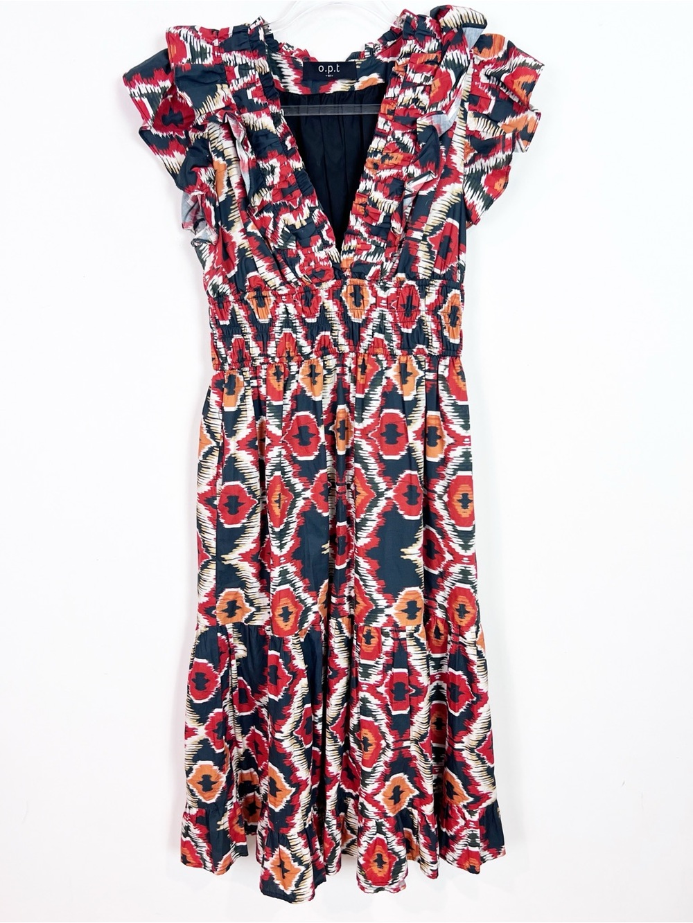 O.P.T. VIANSA NAVY ORANGE RED SLEEVELESS RUFFLE V-NECK DRESS WOMENS MEDIUM - Picture 7 of 8